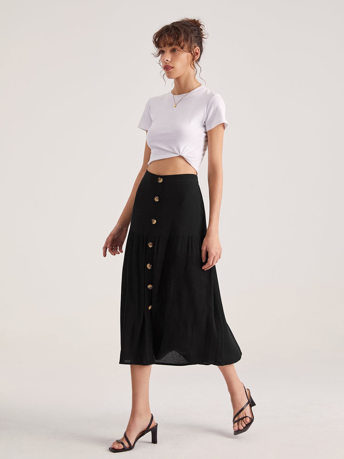 High Waisted Button Front Midi Skirt Amare